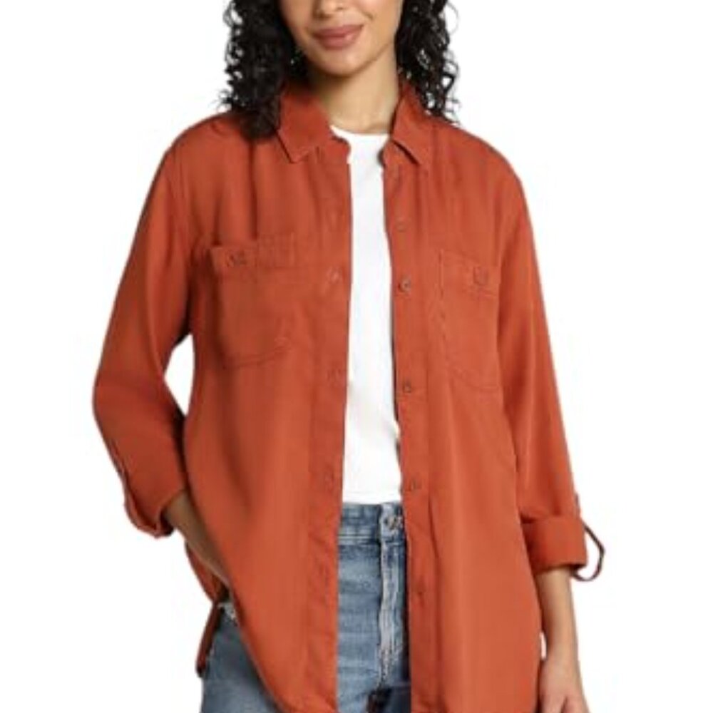 IVIVI Women's Burnt Orange/Rust Button Down Double Pocketed Long Sleeve Shirt, S